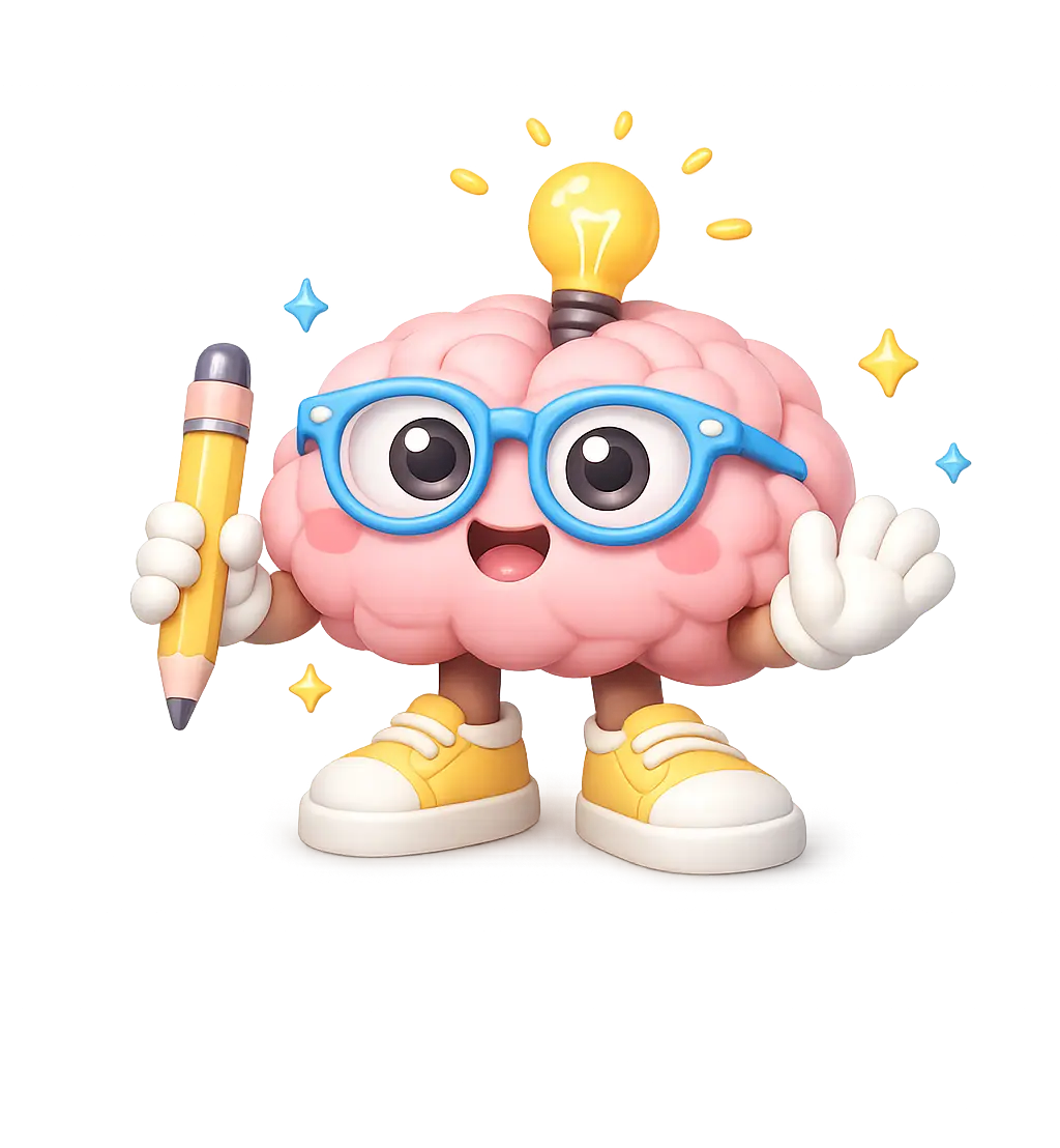 Geni mascot icon with a smiling brain, glasses, and a light bulb